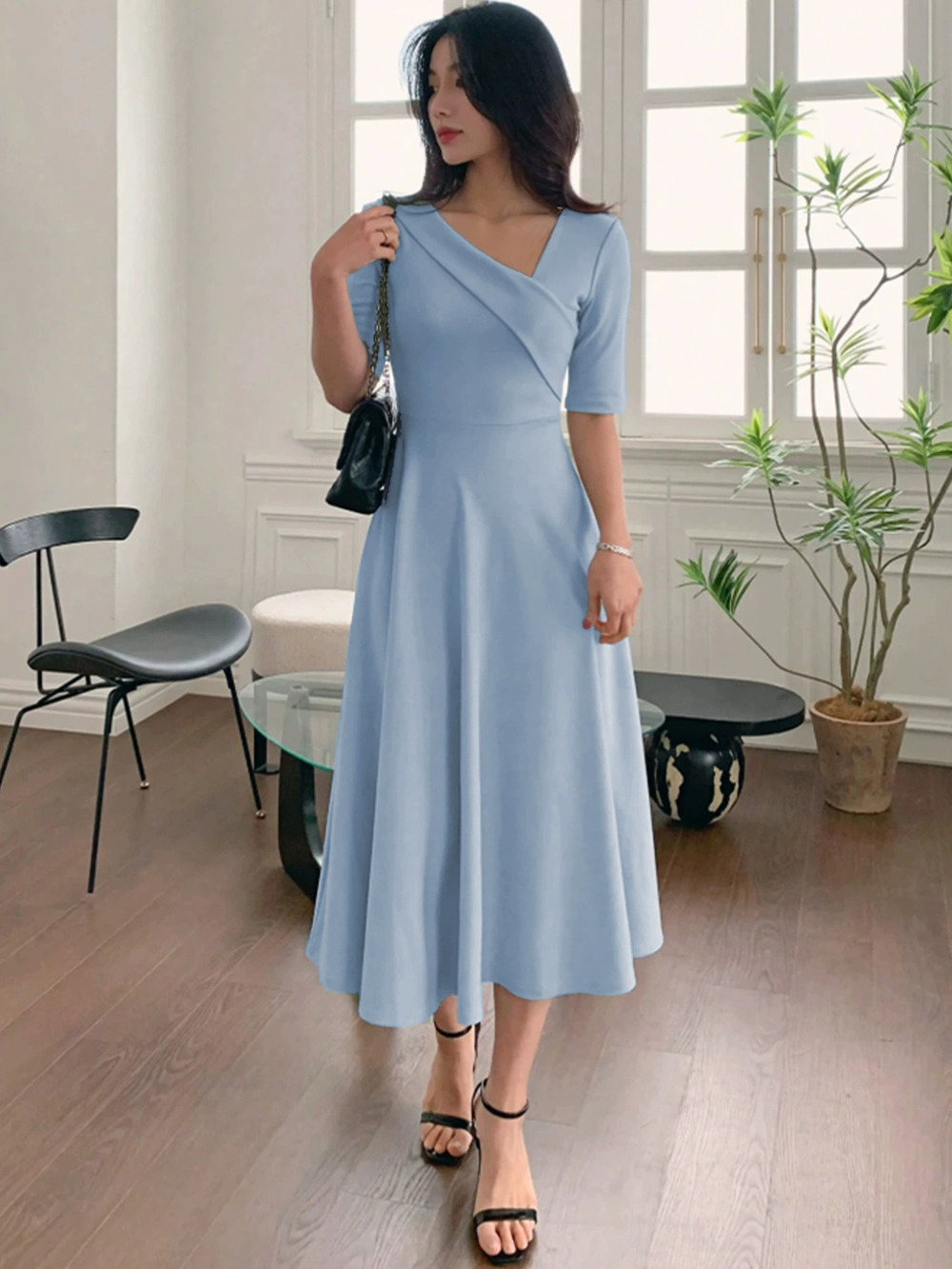 ZARA Summer Chic Umbrella Dress Quality Healthy Fabric Waist Slimming Slash Neck
